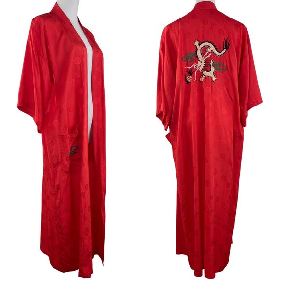 Vintage 70s Boho Red Silk Embroidered Dragon Unisex Kimono Robe Size M - Picture 2 of 15